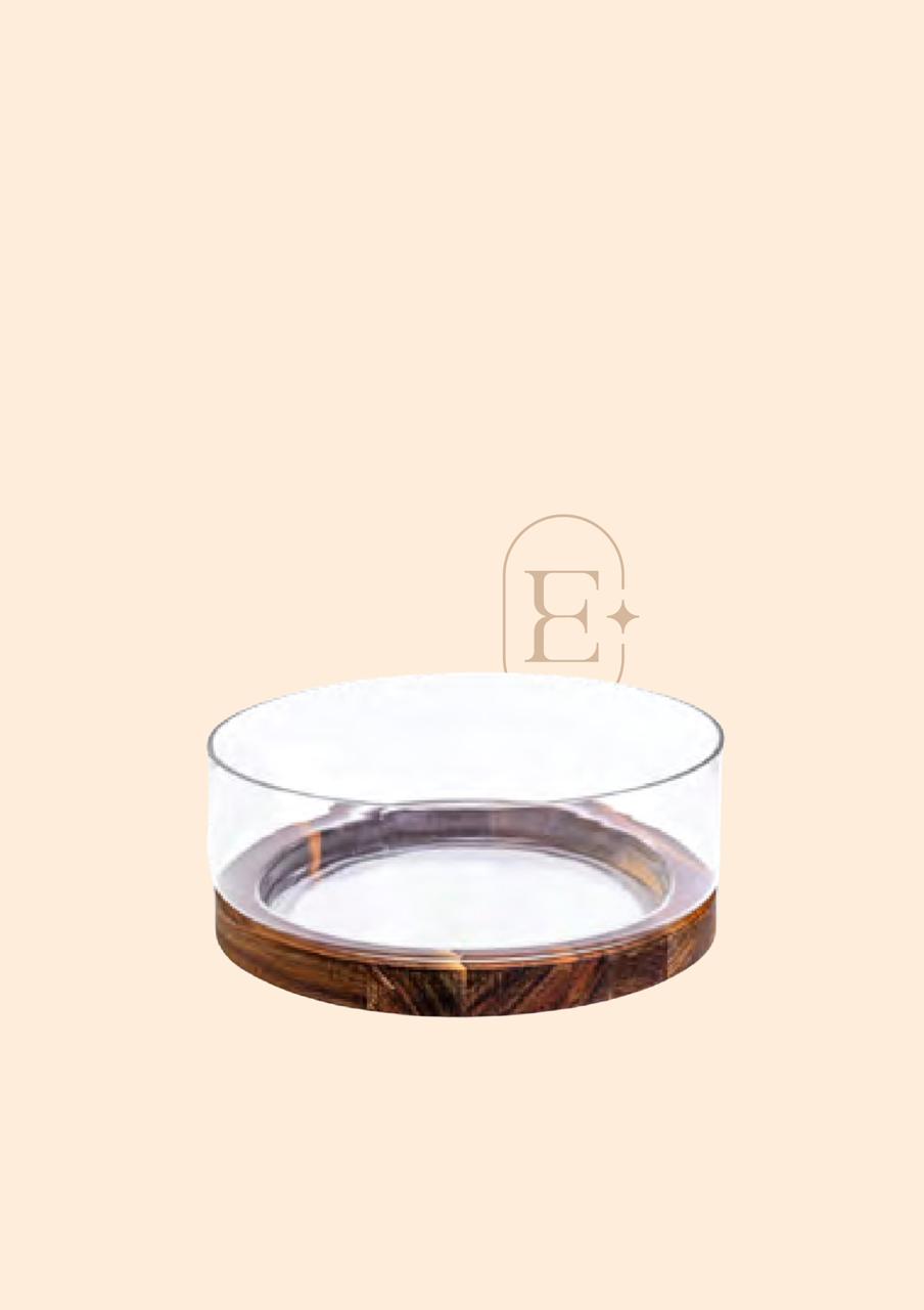 TIGELA DE VIDRO COM BASE REDONDA DE MADEIRA